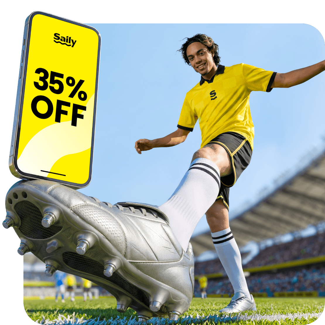 Un jugador de fútbol sostiene sobre el pie un smartphone, en el que se muestra una promoción de eSIM de Saily para celebrar el Mundial FIFA 2026™.