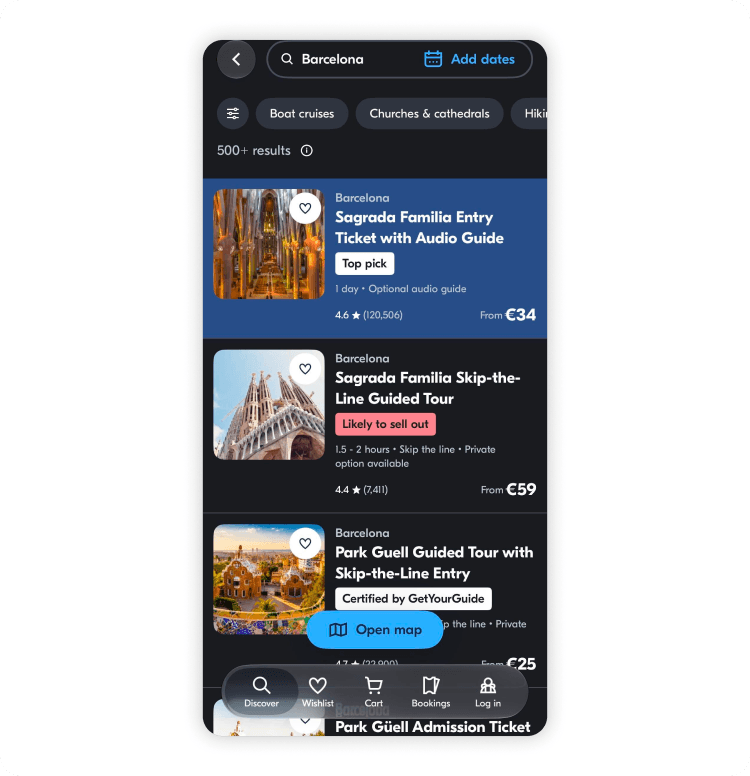 Sagrada Família app showing tickets and visit options in Barcelona