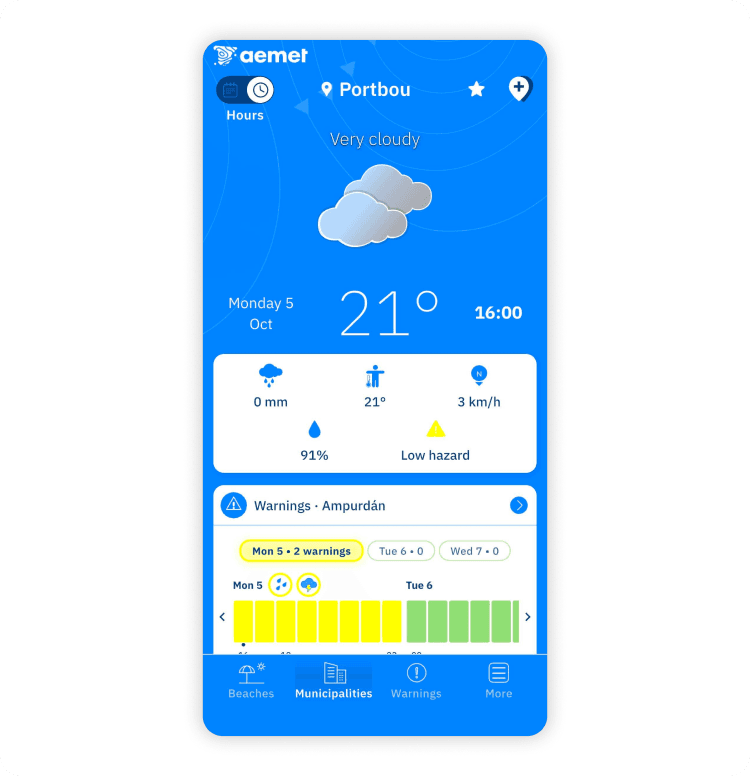 AEMET weather app showing a forecast and weather alerts for Spain