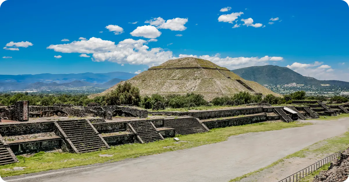 Aerial view of the Avenue of the Dead and pyramids.
