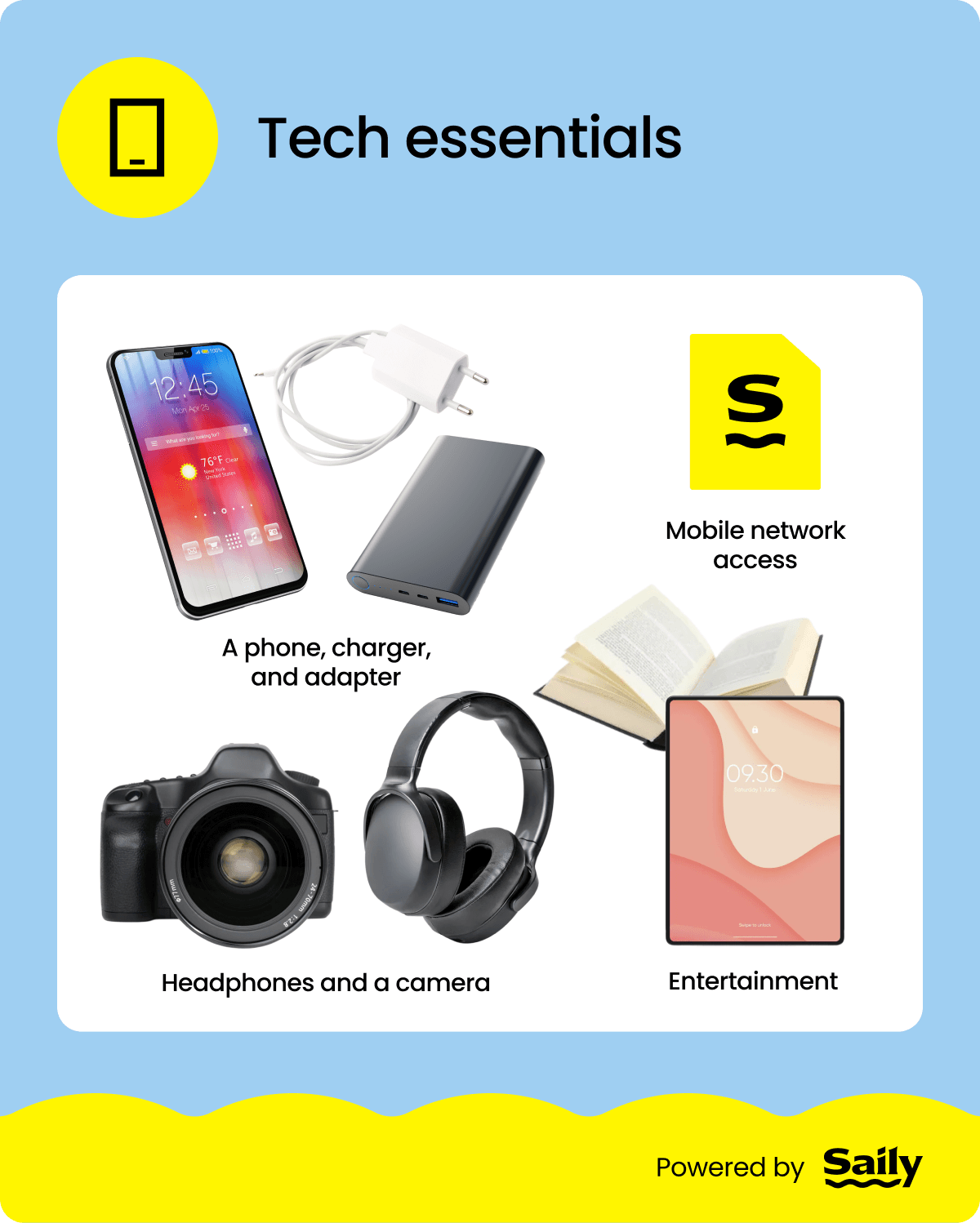 An infographic showing the tech essentials in a weekend trip packing list.