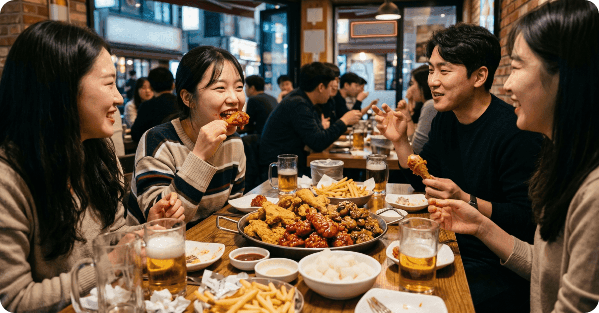 Koreans eating fried chicken.