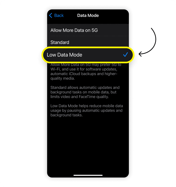 How to enable low data mode: step 4