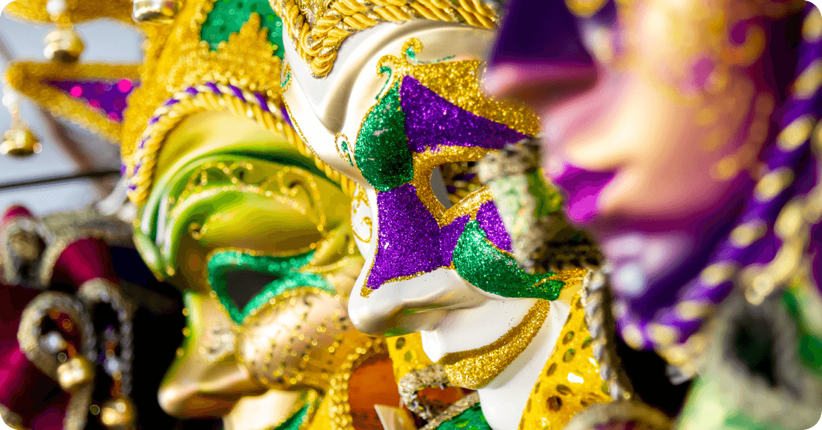 Revelers wear colorful Carnival masks in New Orleans.
