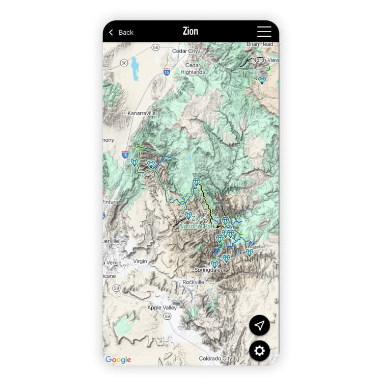 A screenshot of Zion National Park from the National Park Trail Guide app.