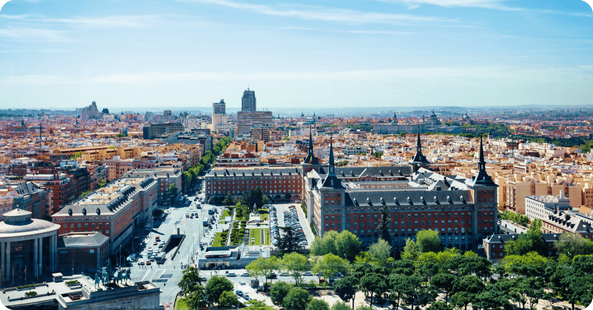A panoramic view of the city of Madrid, Spain, looking over the Moncloa district.