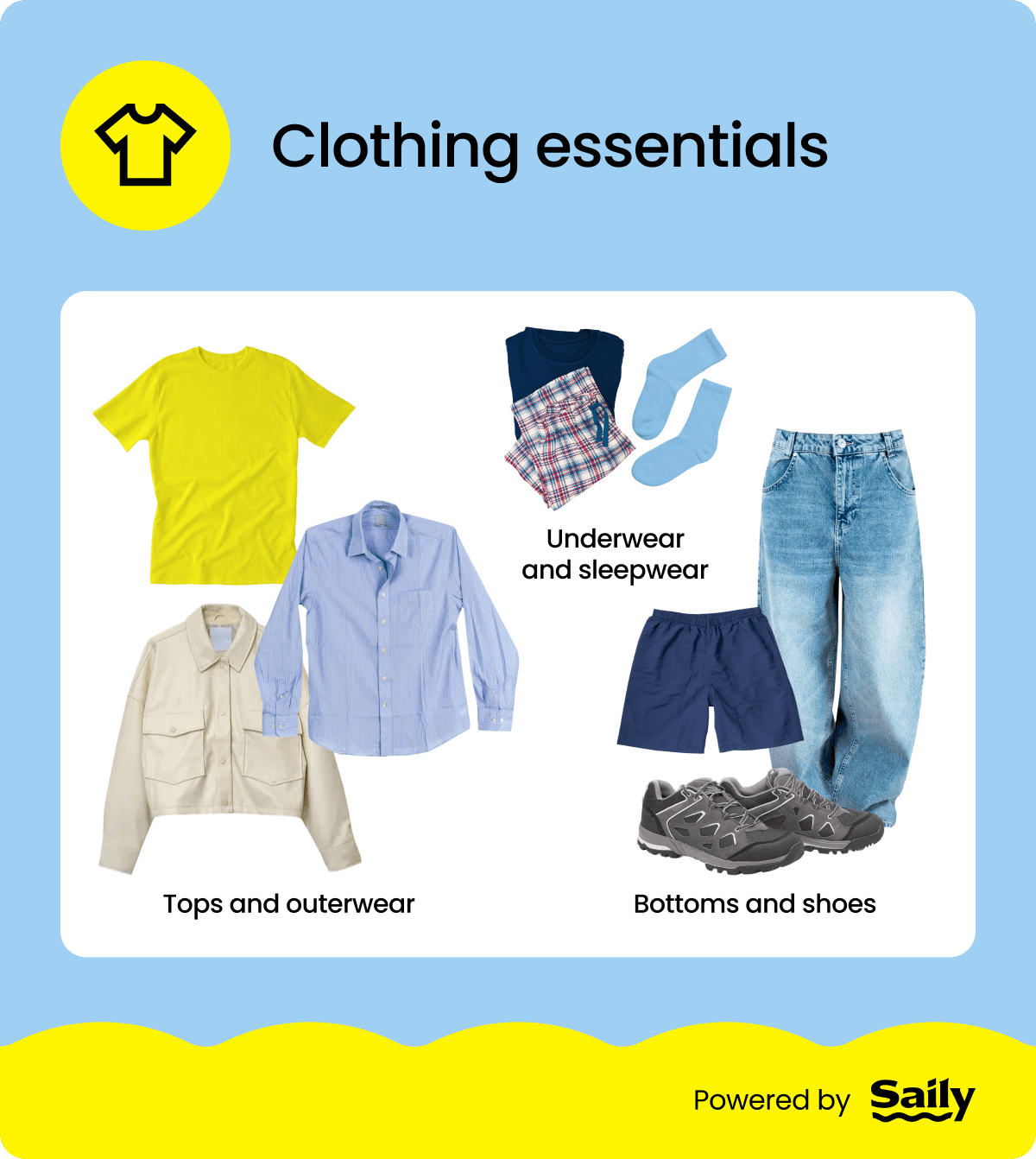 An infographic showing the clothing essentials in a weekend trip packing list.