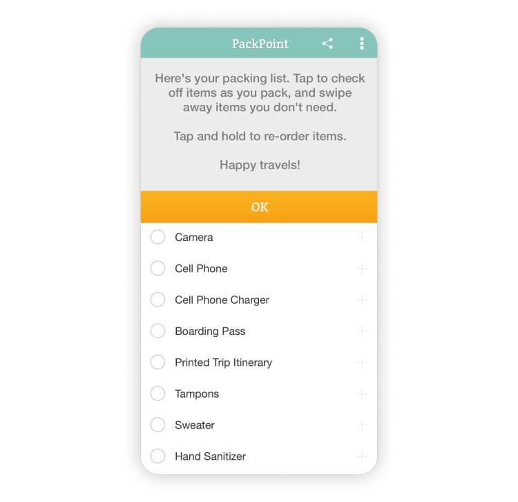A screenshot of a packing list from the PackPoint app.