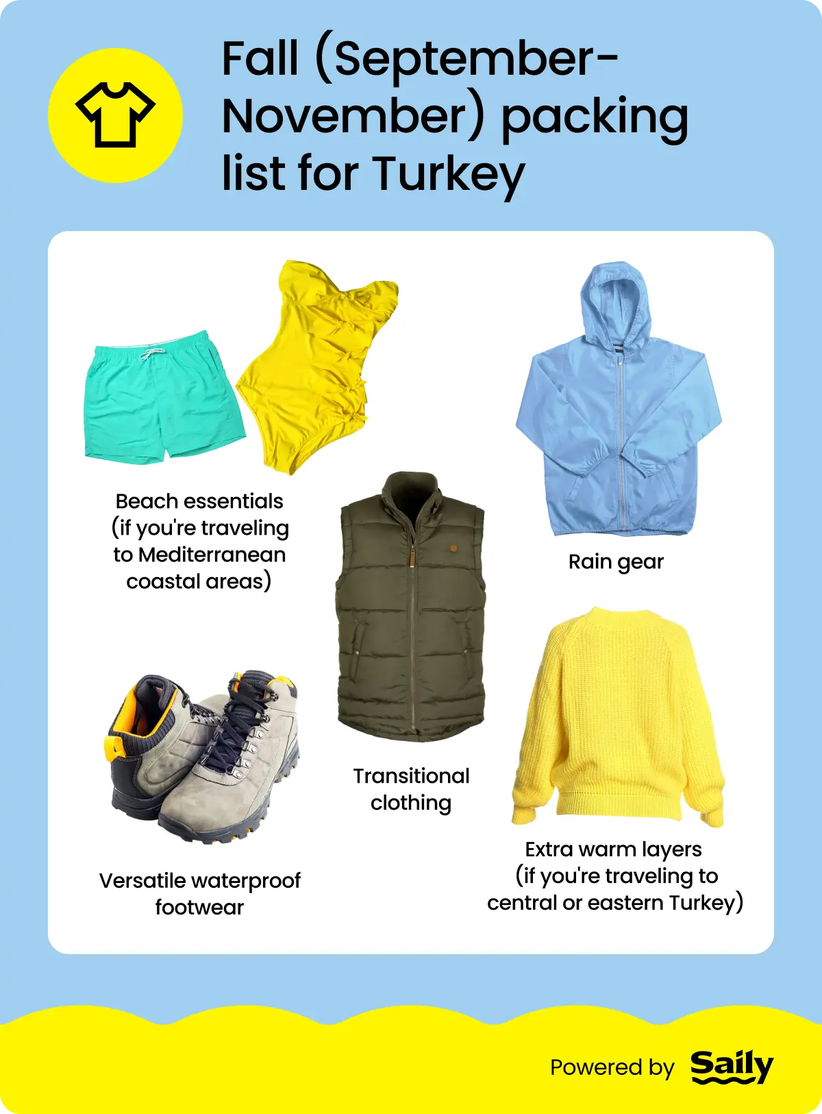 A flat lay of fall travel essentials for Turkey, such as rain gear, warm layers, and transitional pieces.