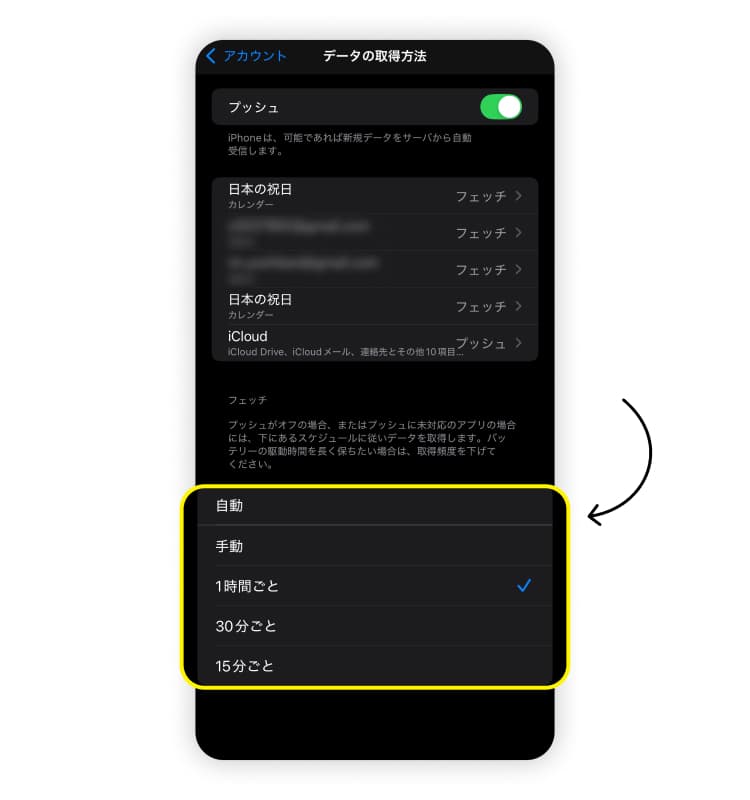 iPhoneのデータ通信を節約するための方法その5「 メールの受信スケジュールを調整する」のスクリーンショット。「1時間ごと」「30分ごと」「15分ごと」または「手動」をタップすることを示している。