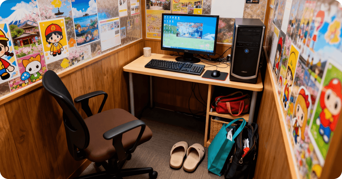 An empty private booth in a manga café, with slippers and personal items placed beside a computer.