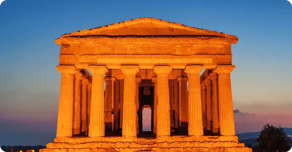 Greek ruins in Sicily at sunset.