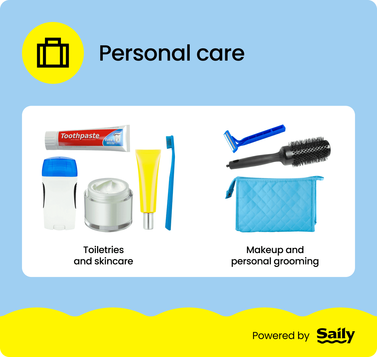 An infographic showing the personal care items in a weekend trip packing list.