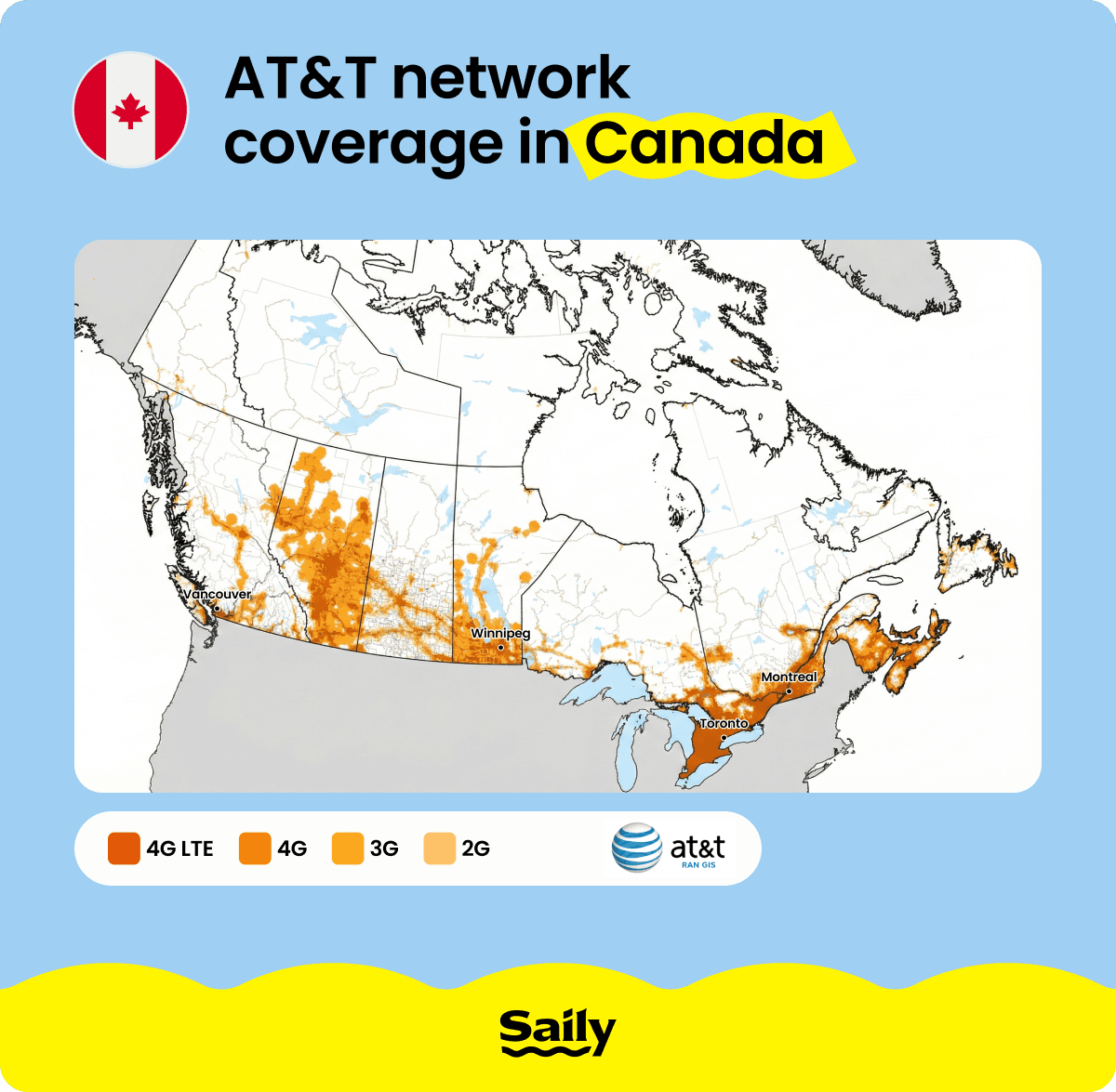 A map showing AT&T's network coverage in Canada.