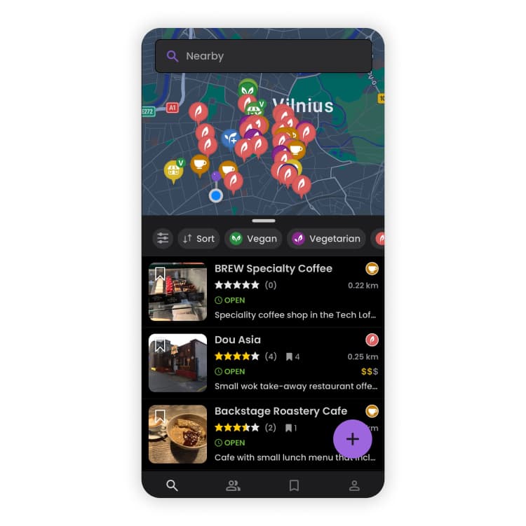 A screenshot of restaurants in Vilnius from the Happy Cow app.