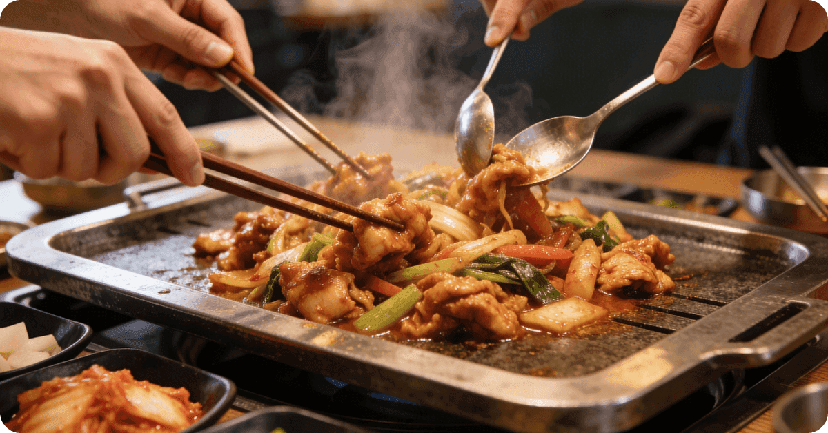 People eating dakgalbi.