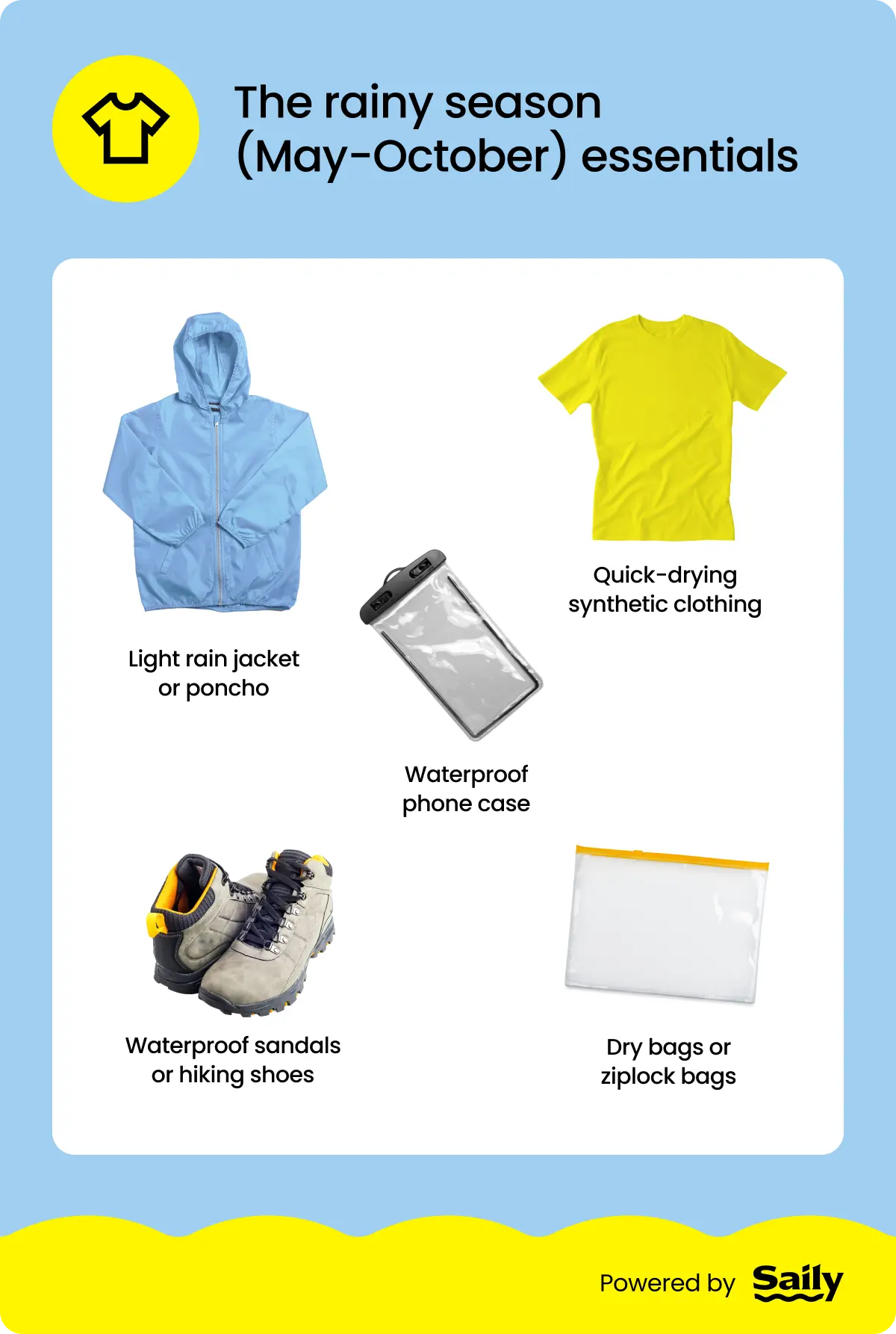 A flat lay of the rainy season essentials for Thailand, such as dry bags, waterproof sandals, and quick-dry clothing.