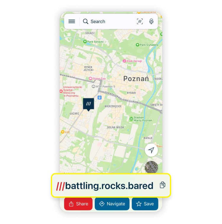 A screenshot of a location in Poznan from the what3words app.