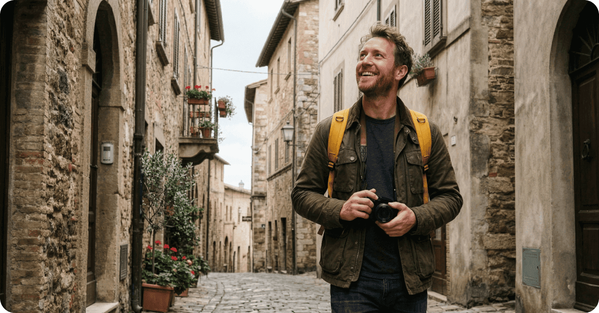 A man sightseeing in Italy out of peak season