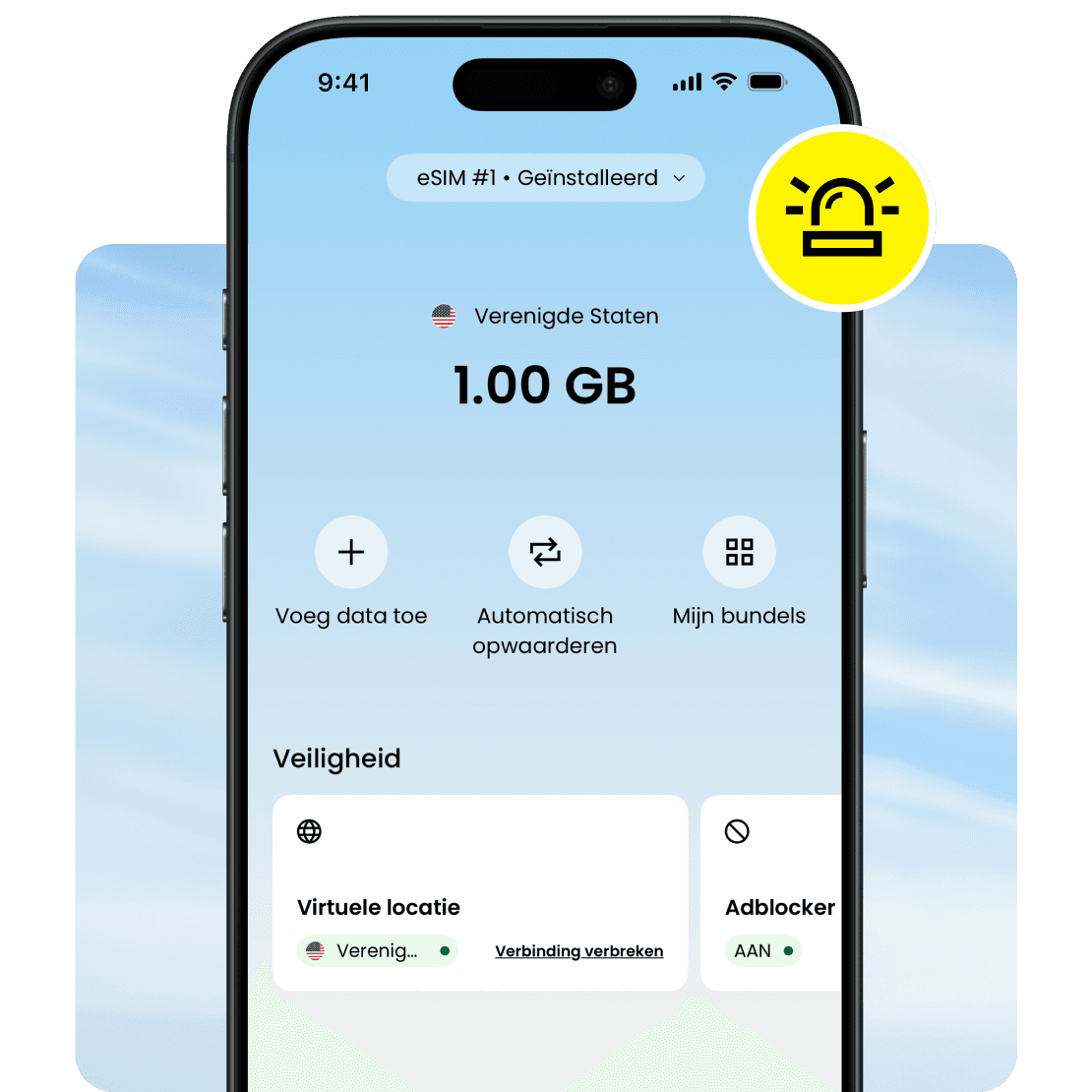 Interface van de Saily-app met een eSIM-databundel van 1 GB voor noodhulp.