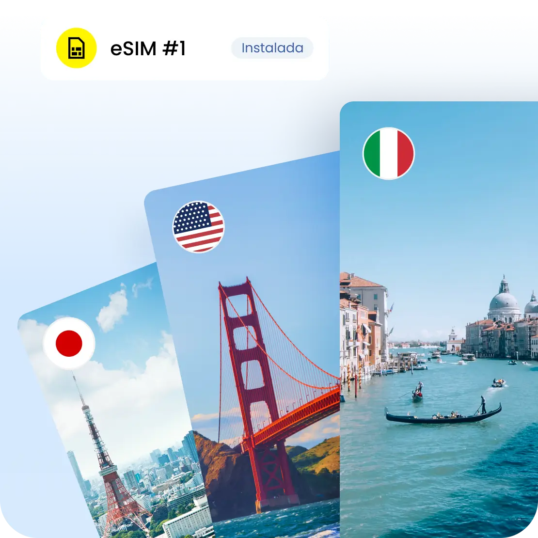 Una eSIM instalada, que activa instantáneamente tu plan en tu destino.