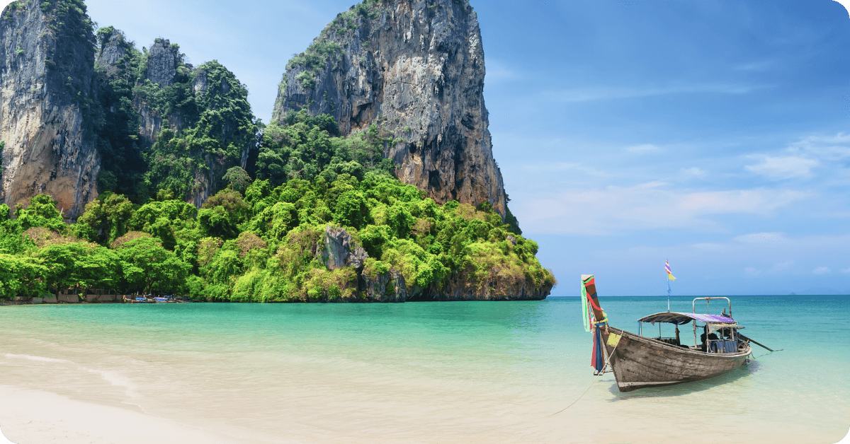 A longtail boat in the Phi Phi Islands of Thailand.