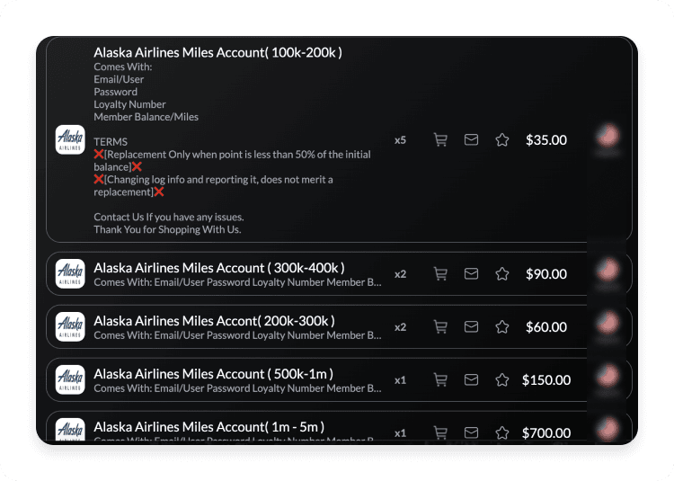 Dark web listings offering stolen airline accounts for sale.
