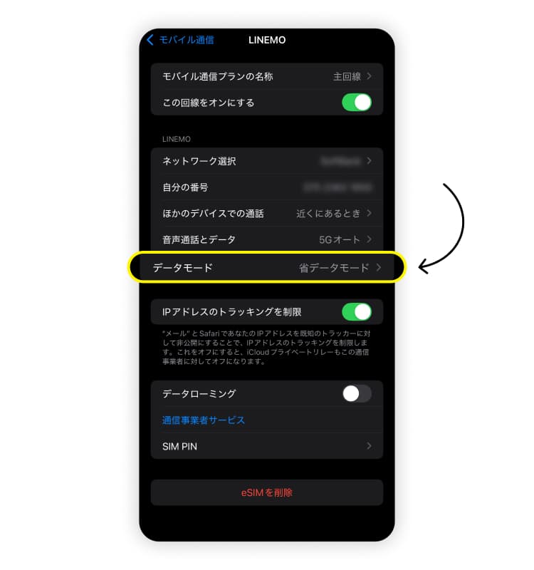 iPhoneのデータ通信を節約するための方法その1のスクリーンショット。「データモード」をタップすることを示している。