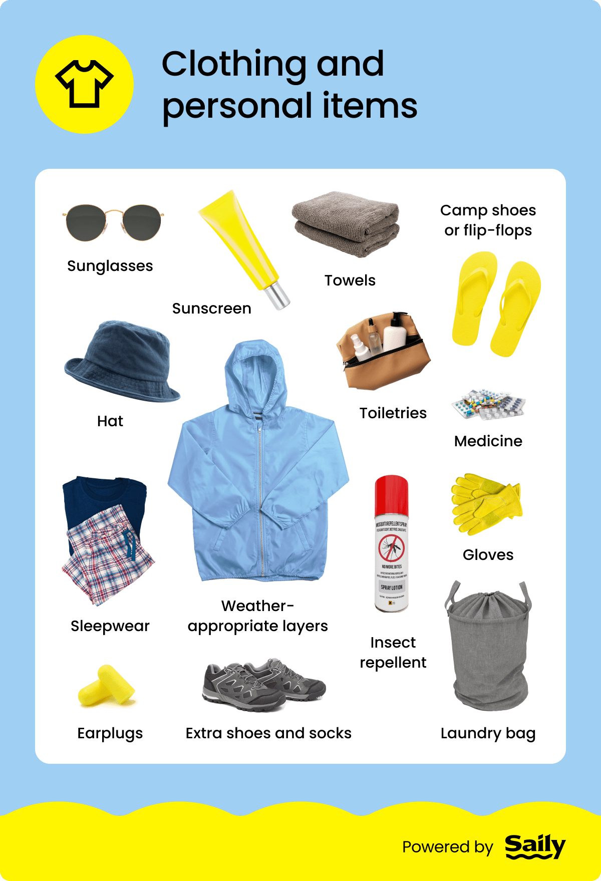 Camping packing list: Clothing and personal items.