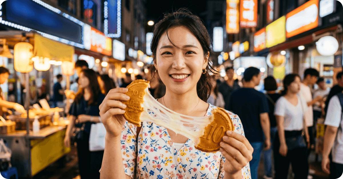 A person eating 10-won bread.