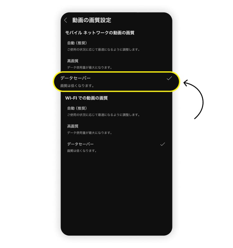 「データセーバー」を選択し、チェックマークを入れるか、またはタップして設定すれば完了です。