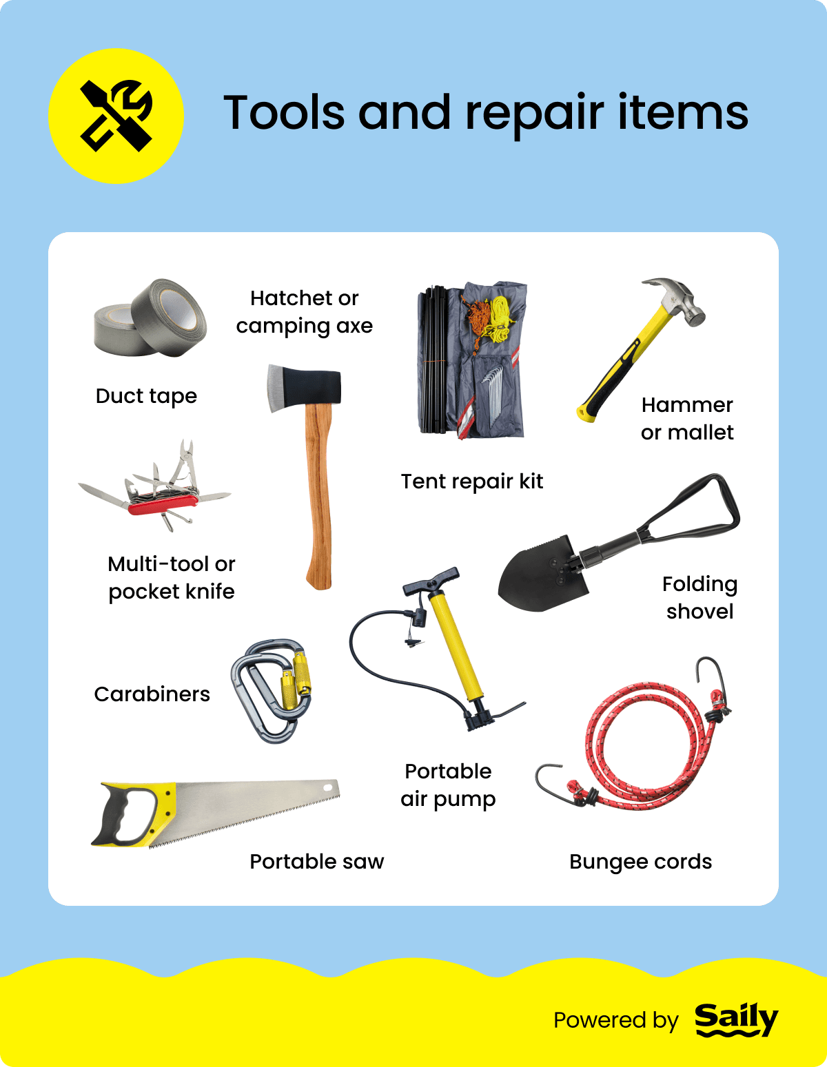 Camping packing list: Tools and repair items.
