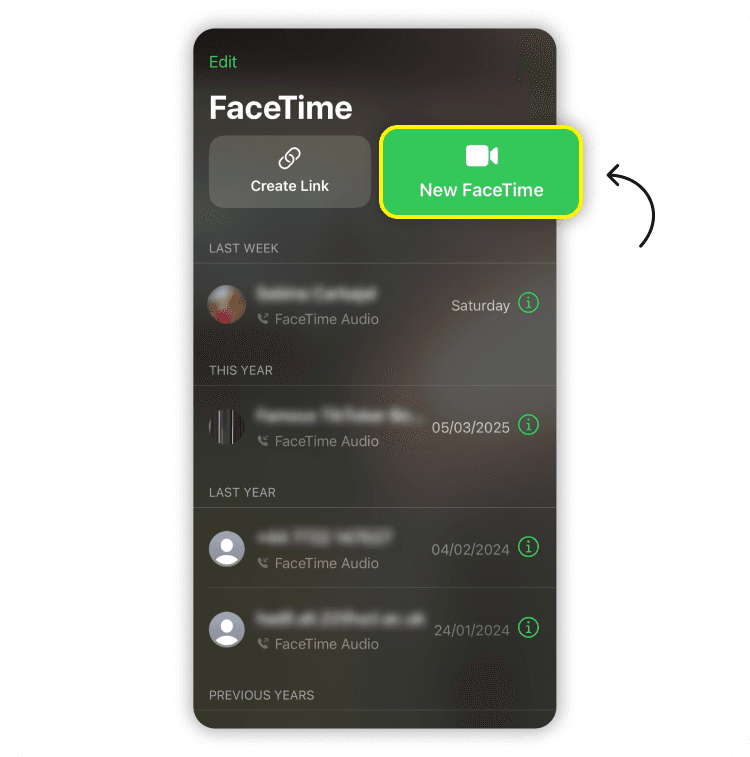 Make a FaceTime call via cellular data: Step 1