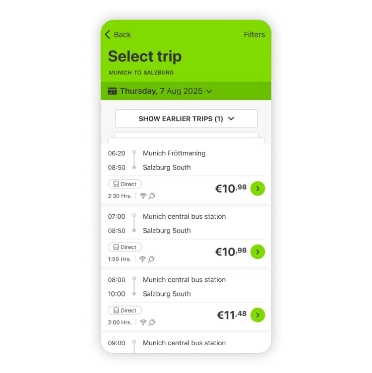 A screenshot of trip prices from Munich to Salzburg in the FlixBus app.