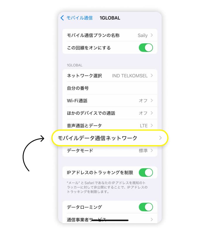 iPhoneでのAPNの設定方法、ステップ3