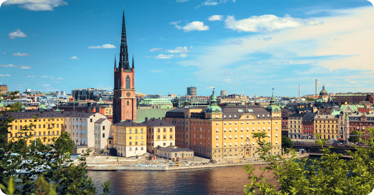 The historic city center of Stockholm, Sweden, featuring the Riddarholmen Church.