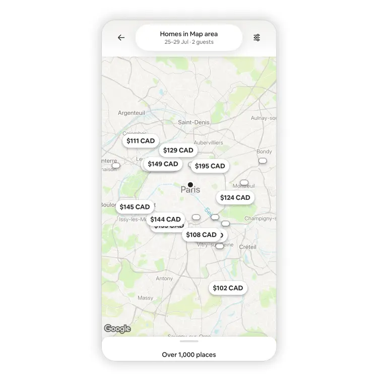 A screenshot of accommodations in Paris from the Airbnb app.