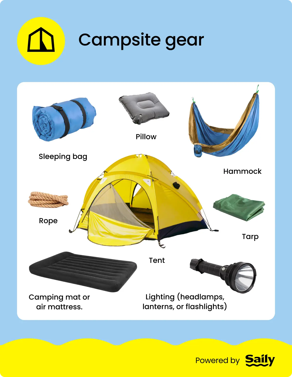 Camping packing list: Campsite gear.