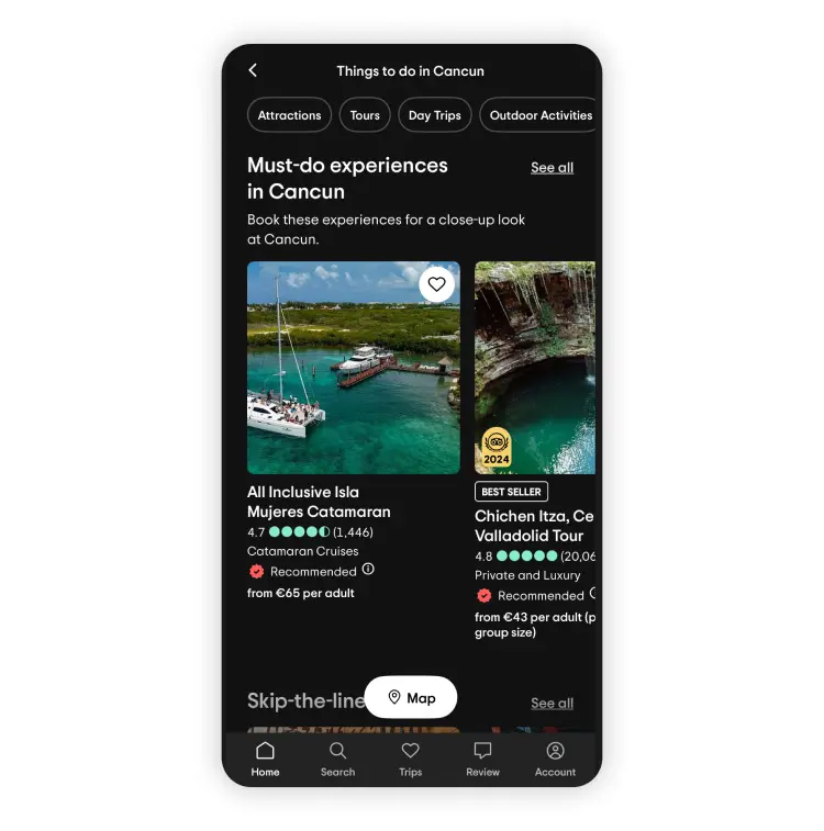 A screenshot of must-do experiences in Cancun from the TripAdvisor app.