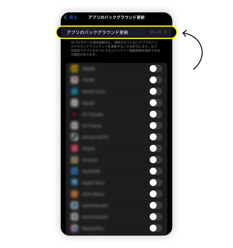 iPhoneのデータ通信を節約するための方法その2「バックグラウンドアプリの更新を制限または無効にする」のスクリーンショット。下にスクロールして「アプリのバックグラウンド更新」をタップすることを示している。