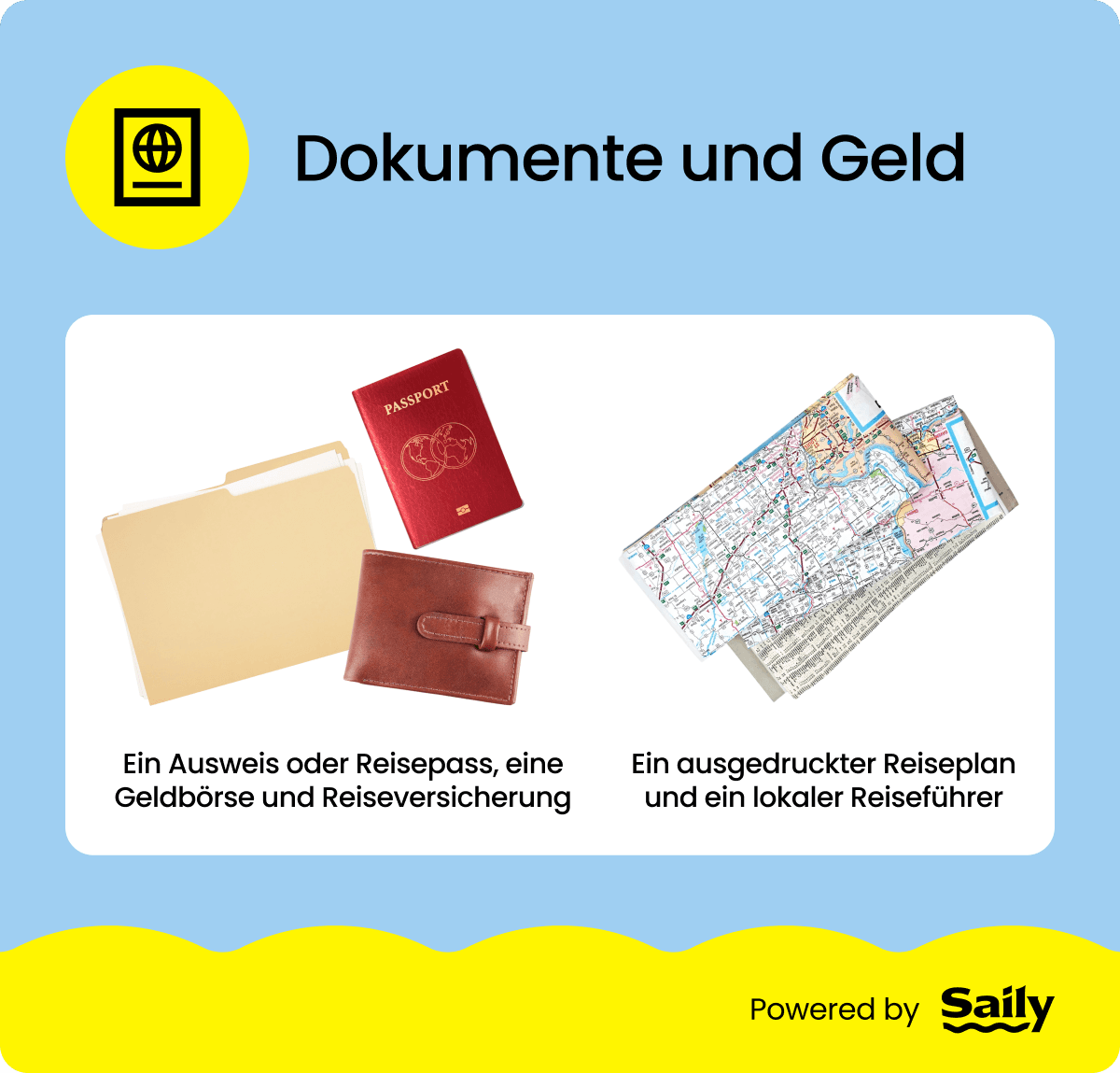 Eine Infografik, die die Dokumente auf einer Packliste für einen Wochenendausflug zeigt.