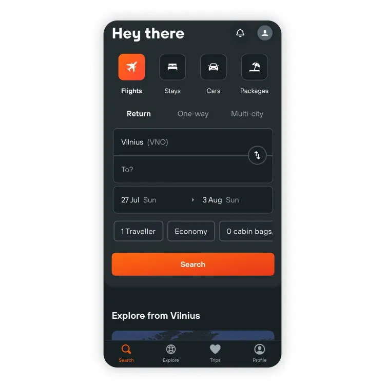 A screenshot of the flight-booking feature from the KAYAK app.