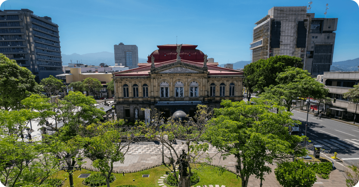 A view of the National Theatre of Costa Rica, a historic building located in the Plaza de la Cultura in the heart of San José.