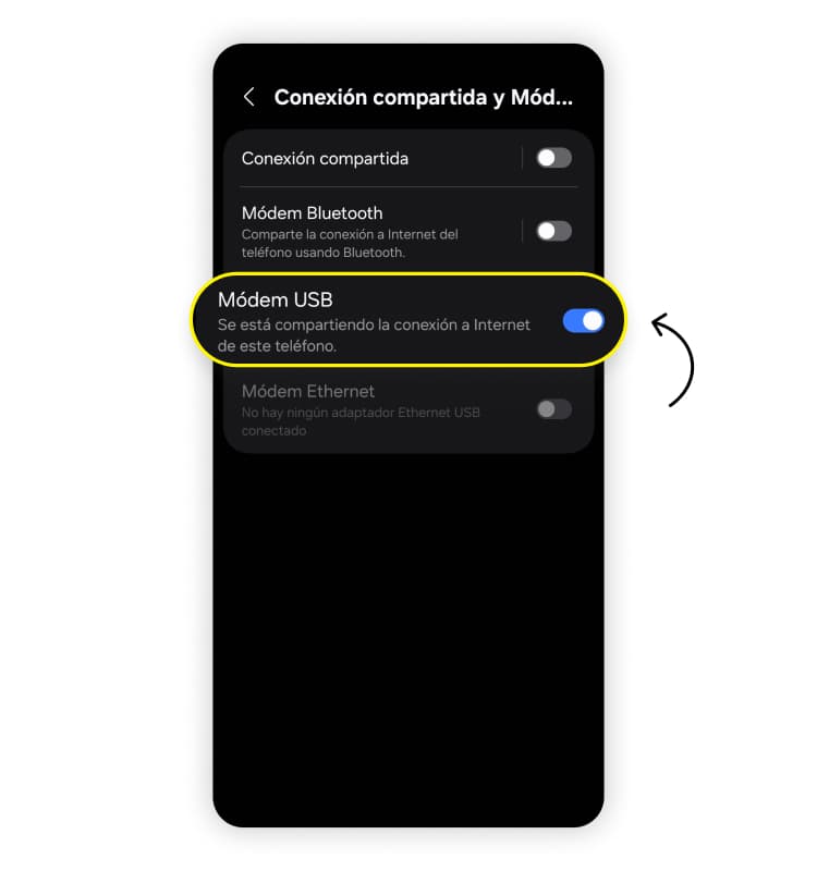 Compartir datos móviles mediante cable USB en Android: Paso 2