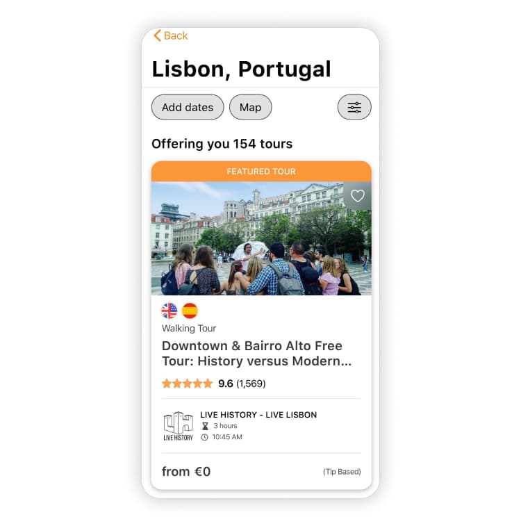 A screenshot of a free tour in Lisbon from the FREETOUR.com app.