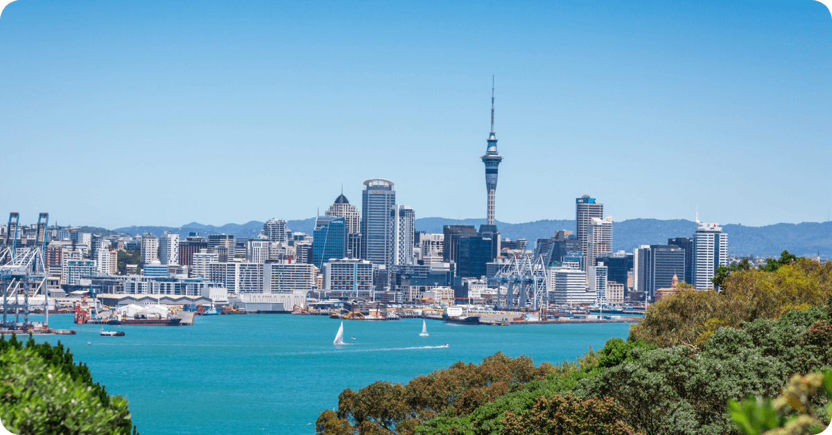 The skyline of Auckland, New Zealand, featuring the iconic Sky Tower.