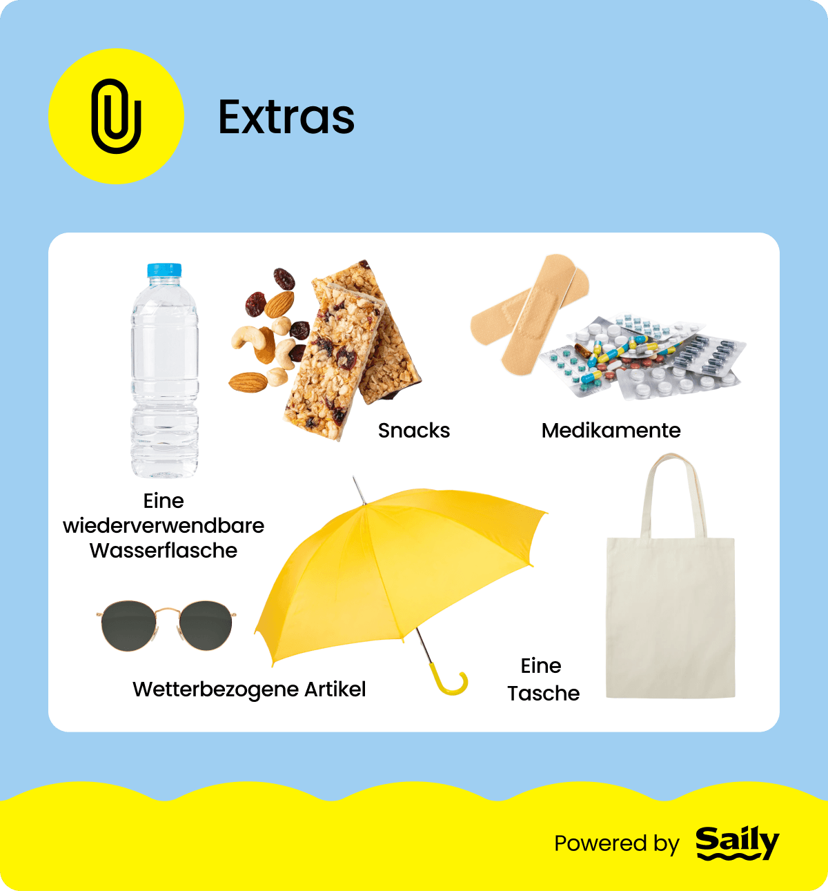 Eine Infografik, die die zusätzlichen Dinge auf einer Packliste für einen Wochenendausflug zeigt.