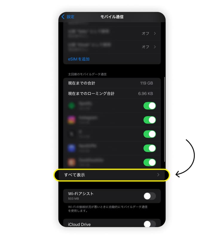 iPhoneのデータ通信を節約するための方法その8「モバイルデータ使用量を確認する」のスクリーンショット。複数のSIMカードやeSIMをインストールしている場合は、「主回線のモバイルデータ通信」までスクロールし「すべてを表示」をタップするよう強調されている。