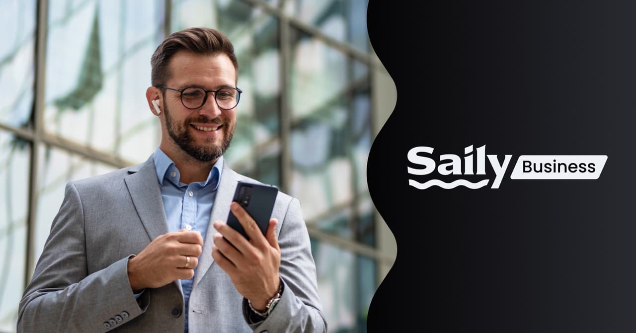 A Saily for business announcement, showing the brand logo and a professional on the go.