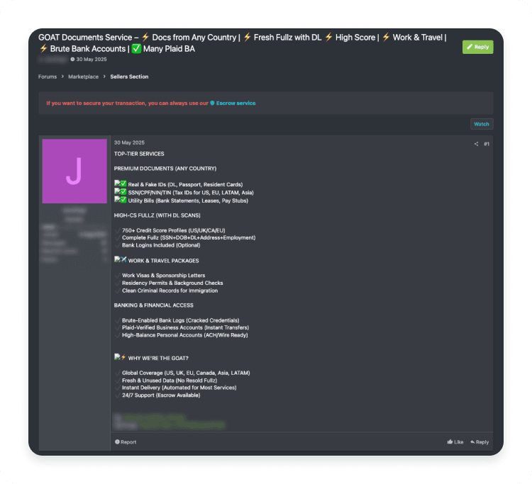 Dark web listing offering fake personal documents and accounts for sale.
